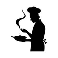 Silhouette of a chef holding a pan with food vector