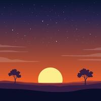 Illustration of a Sunset in the Evening and a Sky Filled with Stars vector