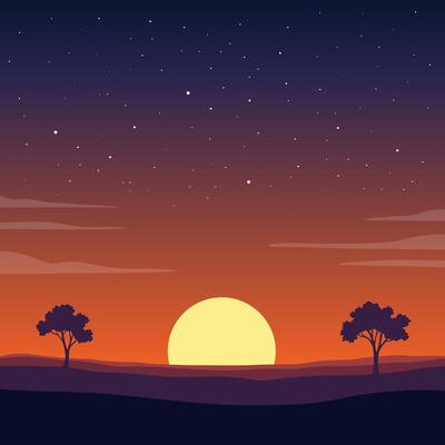Illustration of a Sunset in the Evening and a Sky Filled with Stars