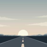 Illustration of a straight road with a background of mountains and the sun and some clouds above it vector