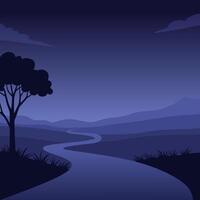 Illustration Design of Night Scene with Curved Road and One Tree Beside It vector