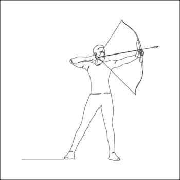 A man in an athletic stance draws a bow with intense focus, captured in a continuous line art illustration representing precision, strength, and discipline in archery vector