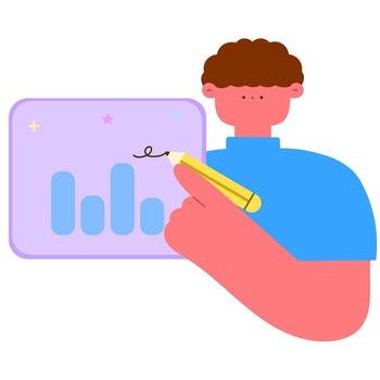 Male character interacting with charts and social media dashboard, analyzing engagement and metrics flat design style vector