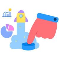 Hand pressing start button with rocket symbol, launching new startup or business idea flat illustration vector