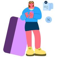Woman leaning on a payment card while holding a smartphone with a receipt icon, mobile payment and digital transaction flat illustration vector