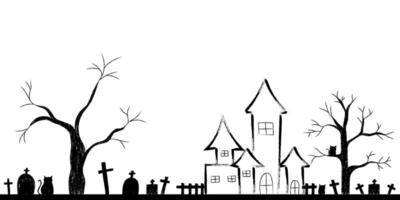 halloween silhouette and doodle scene with haunted house, trees, graveyard, black cat and copy space vector