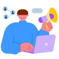 Businessman announces marketing campaign with account and rating icons, concept of communication, branding, and digital success vector