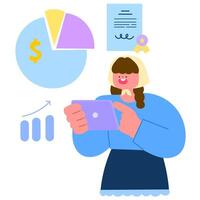 Woman holding tablet, collecting financial data and analytics flat illustration vector