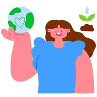 Happy woman holding a green globe with a heart, environmental love and sustainability flat illustration vector