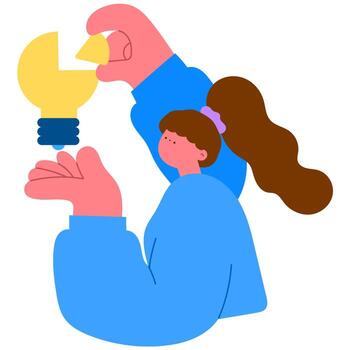 Woman assembling parts of a light bulb, symbolizing innovation, creativity, and problem solving flat illustration vector