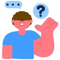 Happy man with question mark icon and speech bubble, FAQ and customer support concept flat illustration vector
