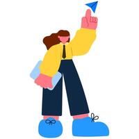 Businesswoman holding a laptop and pointing at a send icon, representing digital communication, online business, and email marketing vector