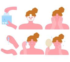 set of skincare routine with woman applying mask, facial massage and using serum vector