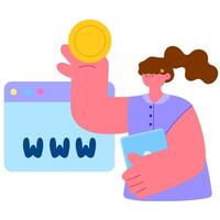Woman managing pay per click PPC ads with laptop and coin flat illustration vector
