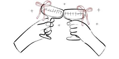 hands clinking wine or champagne glasses in hand drawn doodle style, celebration concept vector