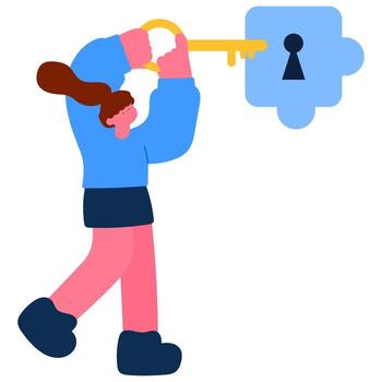 Businesswoman unlocking jigsaw puzzle padlock with a key, representing solution and business strategy vector