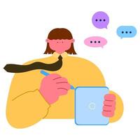 Businesswoman collecting customer information with speech bubbles, CRM and customer engagement concept, flat illustration vector