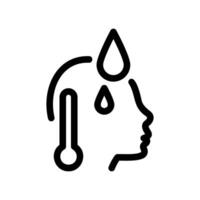 Outline icon of a person experiencing fever with thermometer and sweat vector