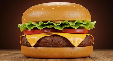 A close up of a hamburger on a wooden table photo
