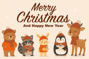 Cute forest animals in winter clothes holding hot cocoa, Merry Christmas and Happy New Year greeting card with bear, raccoon, bunny, penguin, and deer on snowy beige background vector