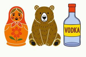 Traditional Russian elements with matryoshka doll, brown bear and vodka bottle in cartoon style on white background vector