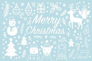 Cute white Christmas doodle illustration on blue background with animals, trees, snowflakes, reindeer, and festive elements in hand-drawn cartoon style vector