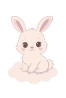 Cute pastel bunny sitting on a cloud with heart cheeks in kawaii style, soft cartoon animal illustration vector
