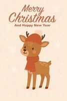 Cute Christmas reindeer in winter hat and scarf with Merry Christmas and Happy New Year text on snowy background vector