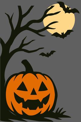 Scary Halloween pumpkin with spooky tree, full moon and flying bats on dark gray background in flat cartoon style for autumn holiday and horror design