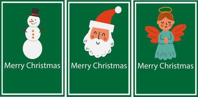 Christmas postcard set with Santa Claus, angel and snowman on green background, holiday greeting cards with cartoon characters vector