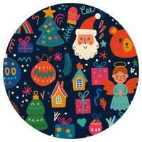 Christmas and New Year circle illustration with Santa Claus, gifts, trees, angel, bear, and festive doodles vector