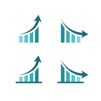 Statistical bar chart icon with upward and downward curved arrows. Business trend performance symbol vector