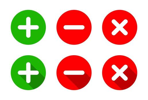 Add, remove, and delete icon. Plus, minus, and cross symbol with long shadow vector