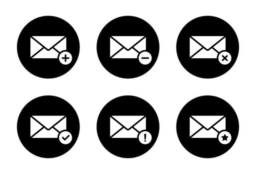 Email envelope icon set with status badges. Includes plus, minus, delete, confirm, warning, and star symbol in black circle vector