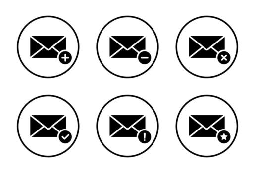 Email envelope icon set with status badges. Includes plus, minus, delete, confirm, warning, and star symbol in circular outline vector