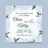 Squared wedding invitation template with blue peonies flowers and green leaves vector