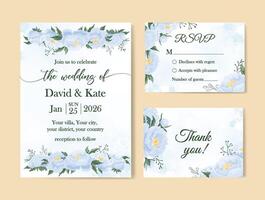 Blue flowers elegant wedding invitation set template Peonies design RSVP card vector