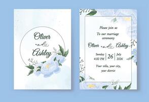 Wedding invitation template set with romantic blue peonies Beautiful floral design vector
