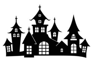 Spooky Silhouette of a Haunted Mansion Complex on a White Background, Perfect for Halloween Decorations and Designs vector