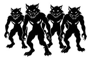 Menacing Pack of Four Black Werewolves Approaching in a Dark and Ominous Silhouette, Halloween Spooky Illustration vector