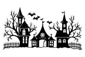 Spooky Halloween Silhouette of Haunted Houses, Creepy Bats, and Bare Trees at Night - Professional digital artwork with vibrant colors and detailed composition vector