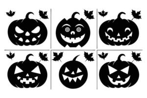 Six Spooky Black and White Halloween Jack-o-Lantern Designs with Autumn Leaves - Professional digital artwork with vibrant colors and detailed composition vector