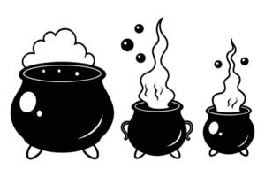 Three Mystical Black Cauldron Illustrations with Steam, Perfect for Halloween, Witchcraft, or Fantasy Designs - Professional digital artwork with vibrant colors and detailed composition vector