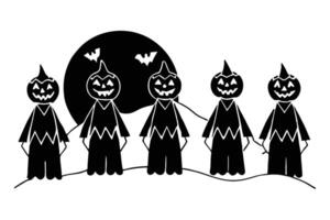 Spooky Silhouette of Four Jack-o-lanterns Standing in a Row Under a Full Moon on Halloween Night vector