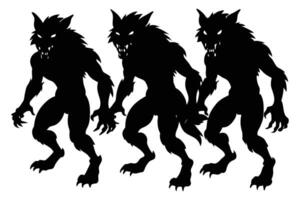 Three Menacing Werewolf Silhouettes Stalking in the Night, Eerie Halloween Clipart - Professional digital artwork with vibrant colors and detailed composition vector