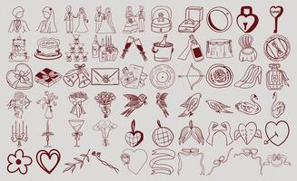 Set of whimsical handdrawn wedding. Outline illustrtion vector