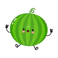 A happy watermelon cartoon character gives a peace sign and is full of joy and smiles vector