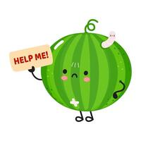 An adorable and sad cartoon watermelon character needs help with a worm vector