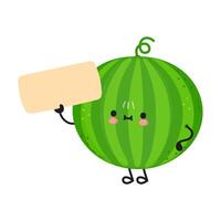 A charming cartoon watermelon holds a blank sign for your message. vector