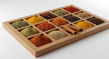 A wooden box with various spices and herbs photo